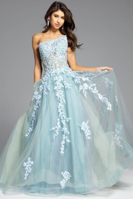 blue prom ball gown with floral applique 37411