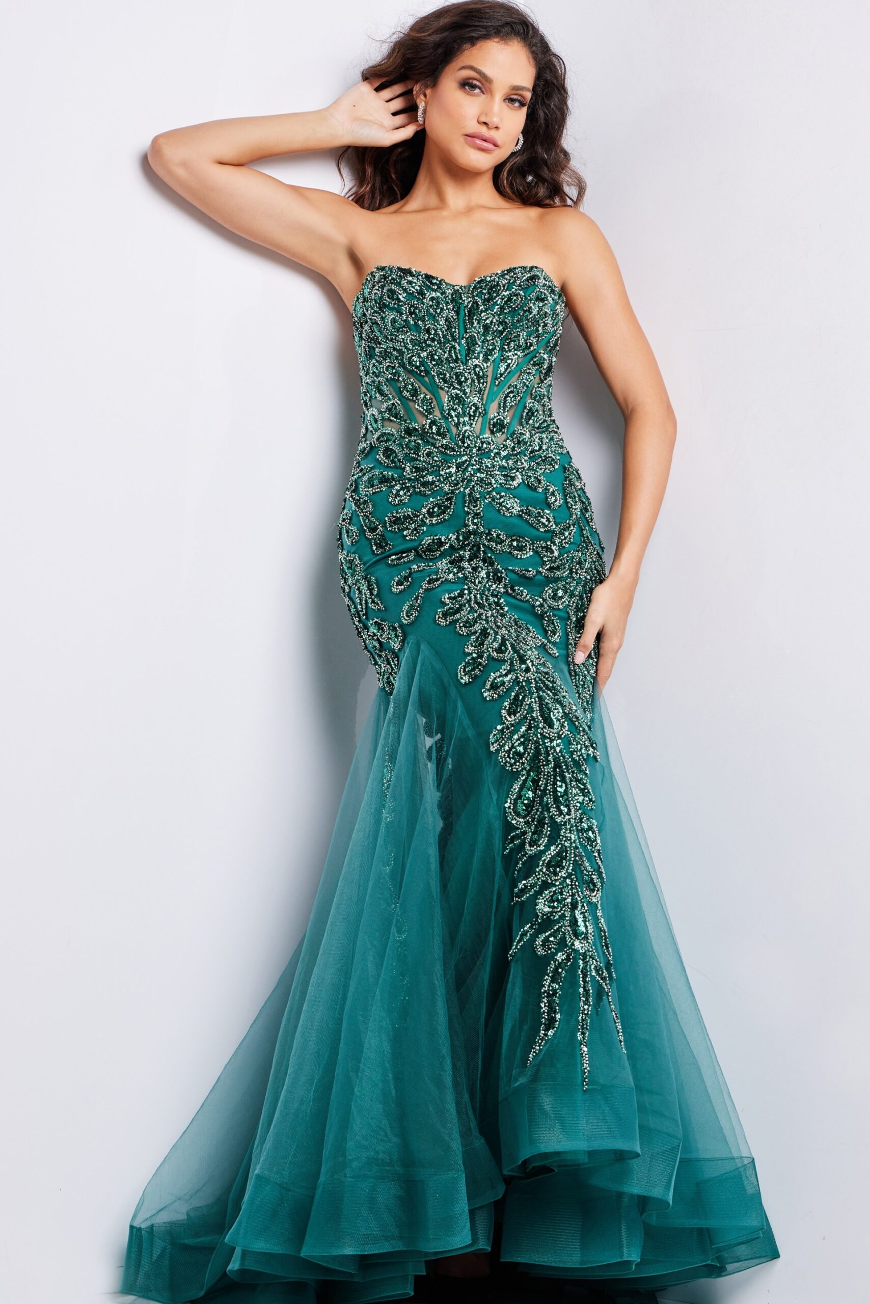 Model wearing Emerald Sequin Embellished Gown 37412