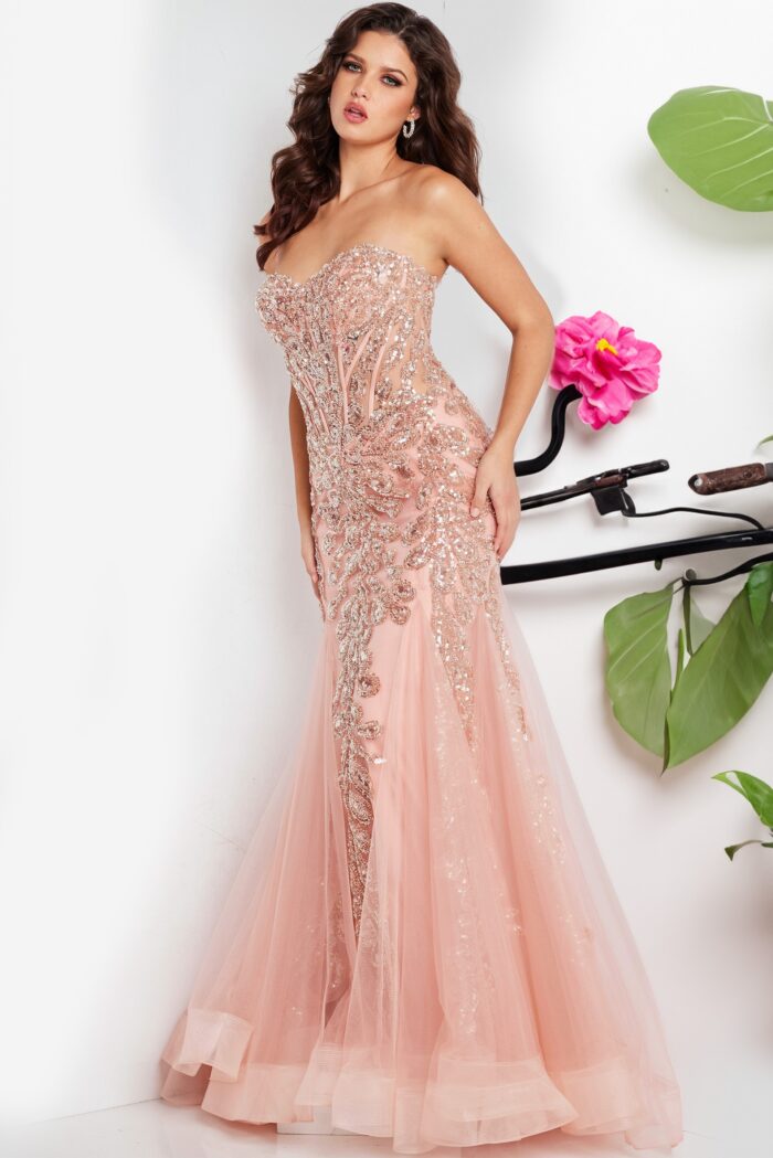 Model wearing Blush Sweetheart Neckline Embellished Dress 37412