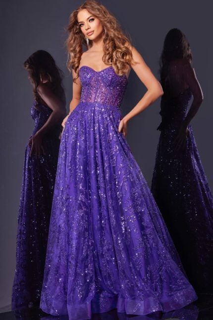 Model wearing Jovani 37413 purple gown, front view showcasing sequin details.