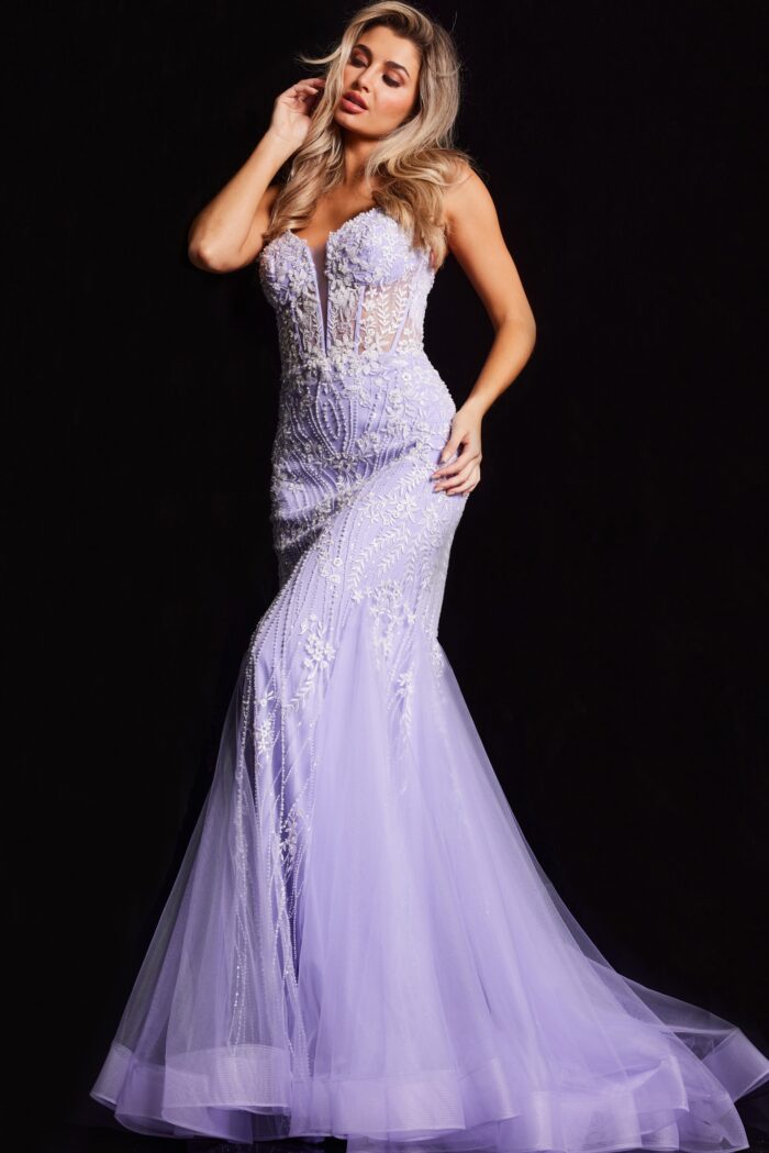 Model wearing Lilac V Neckline Mermaid Gown 37414