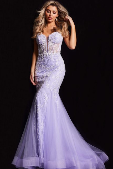 Model wearing Jovani 37414 lilac mermaid gown with floral embellishments from the front.