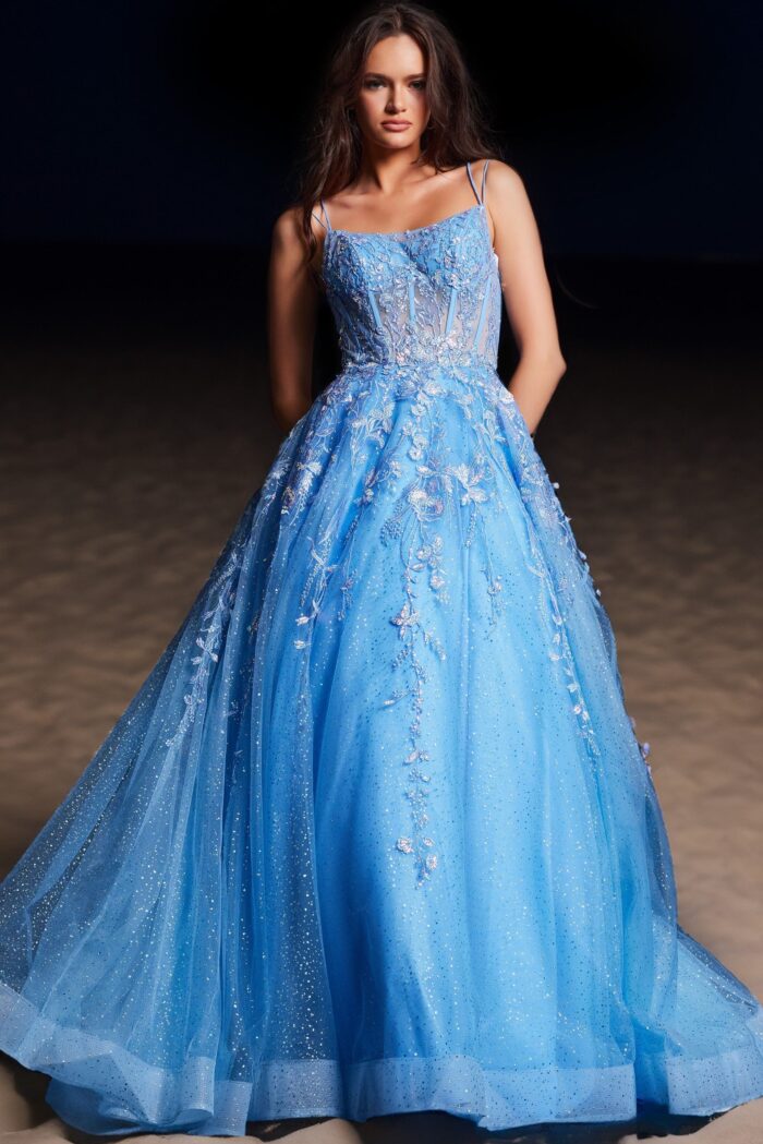 Model wearing Blue Embroidered Prom Ball Gown 37421