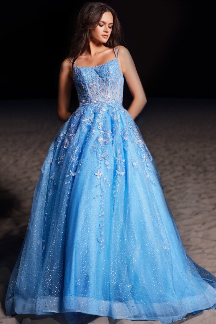 Model wearing Blue Embroidered Prom Ball Gown 37421