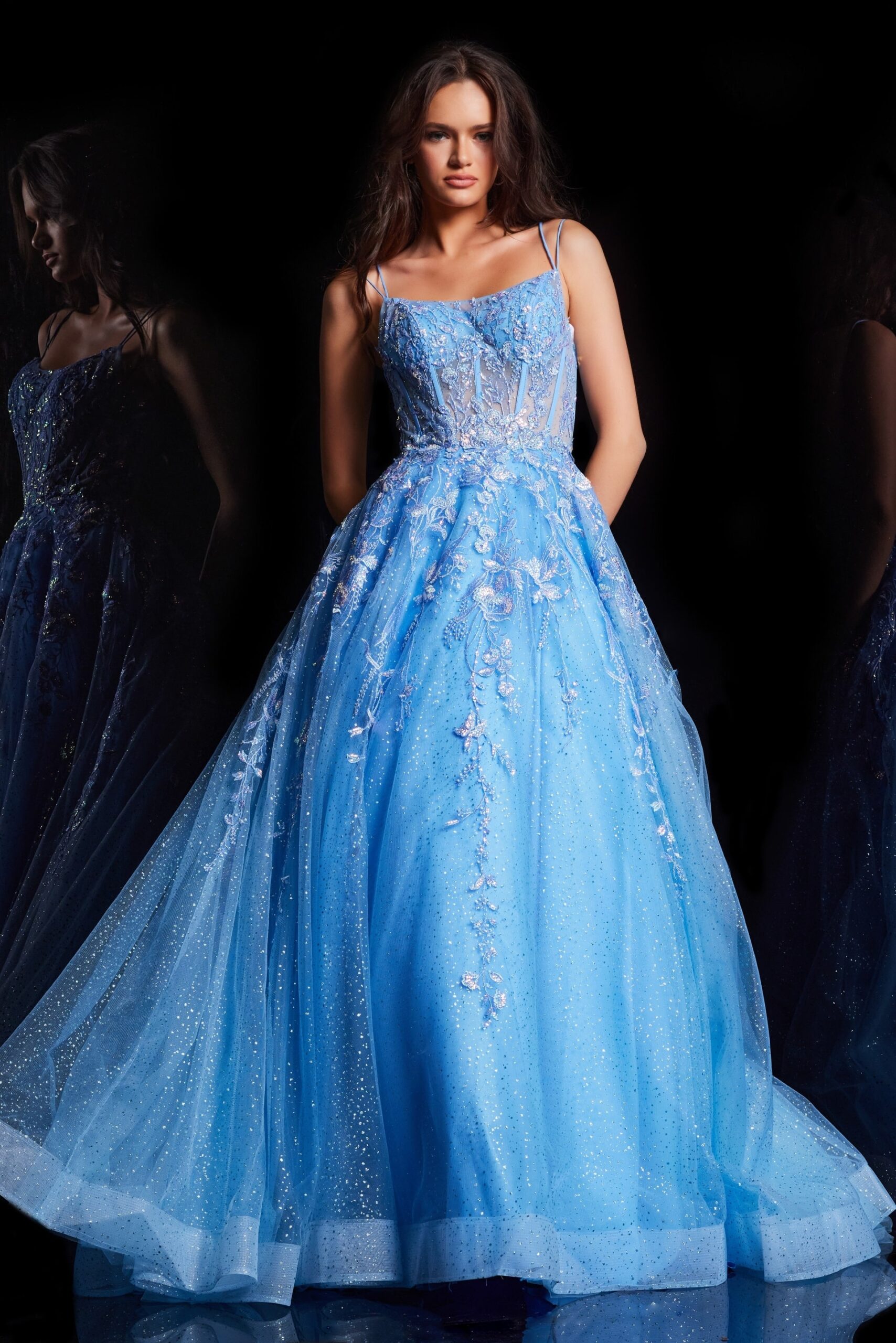 Blue Embroidered Prom Ball Gown 37421