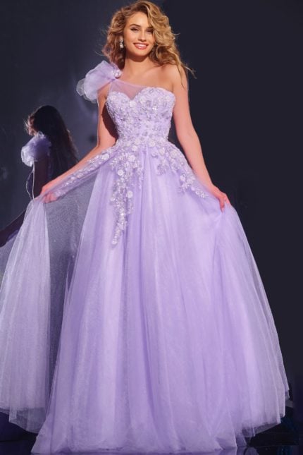 Model wearing Jovani 37427 lilac gown with floral appliques and one-shoulder bow.