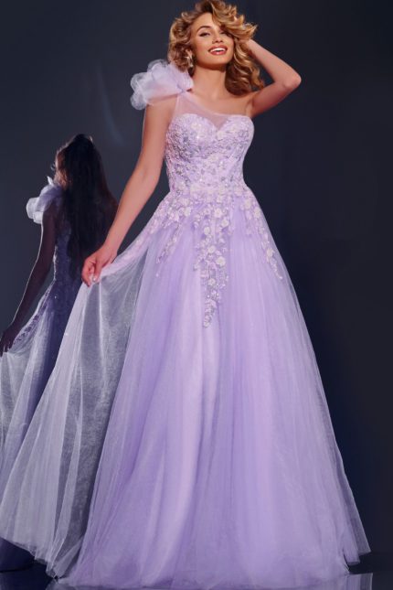 Model posing in Jovani 37427 lilac gown showcasing the floral detailed bodice.