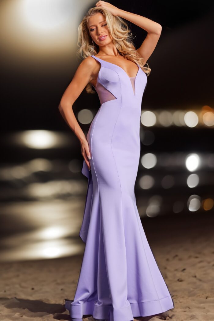 Model wearing Lilac V Neckline Open Back Prom Dress 37430
