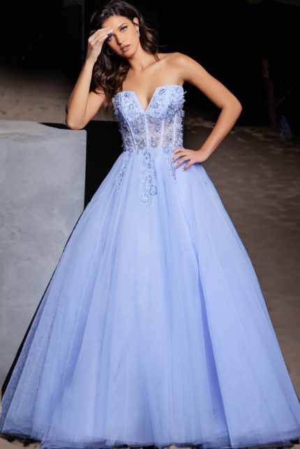 Model wearing Jovani 37460 light purple ball gown showcasing front detailing.