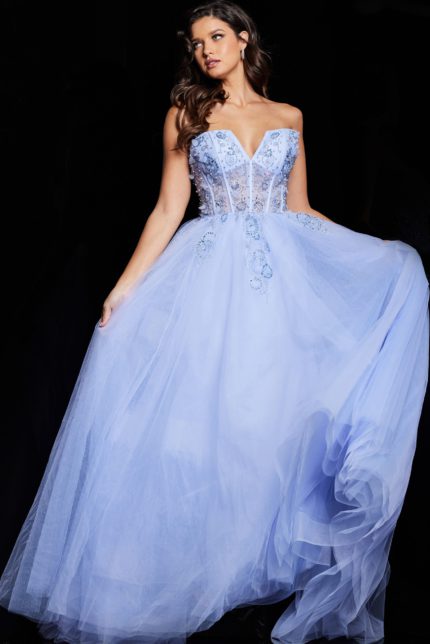 Model wearing Jovani 37460 light purple ball gown with sweetheart neckline, front view.