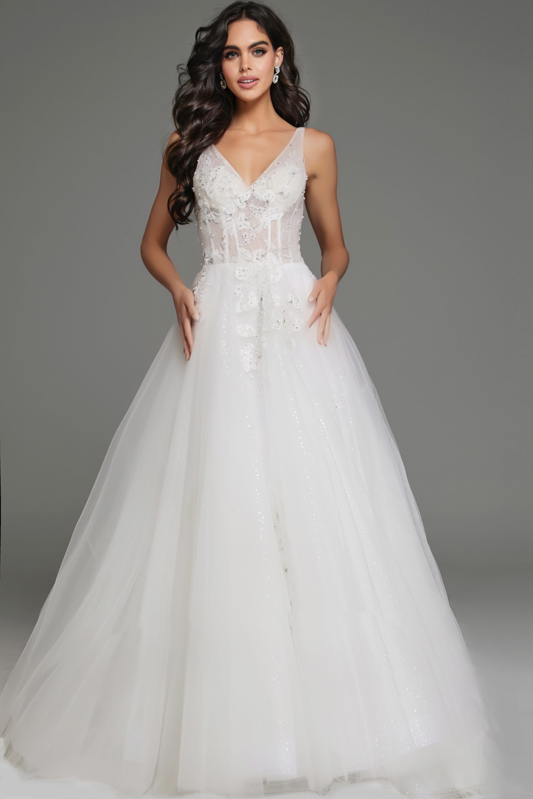 Elegant V Neck Ball Gown with Lace and Floral Accents 37468