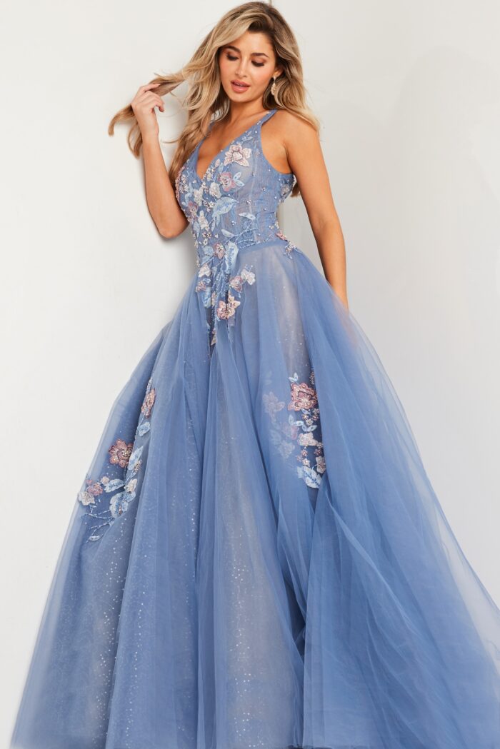 Model wearing Blue Floral Appliques V Neck Ballgown 37468