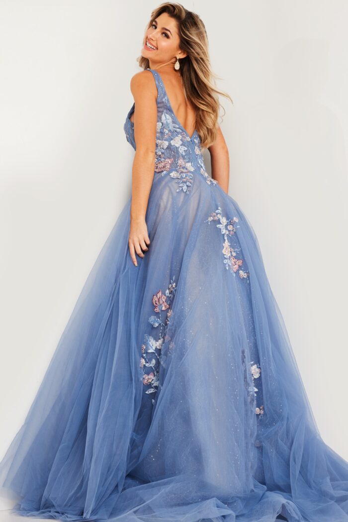 Model wearing Blue Floral Appliques V Neck Ballgown 37468