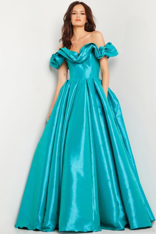 Model wearing Off the Shoulder Blue Ballgown 37476
