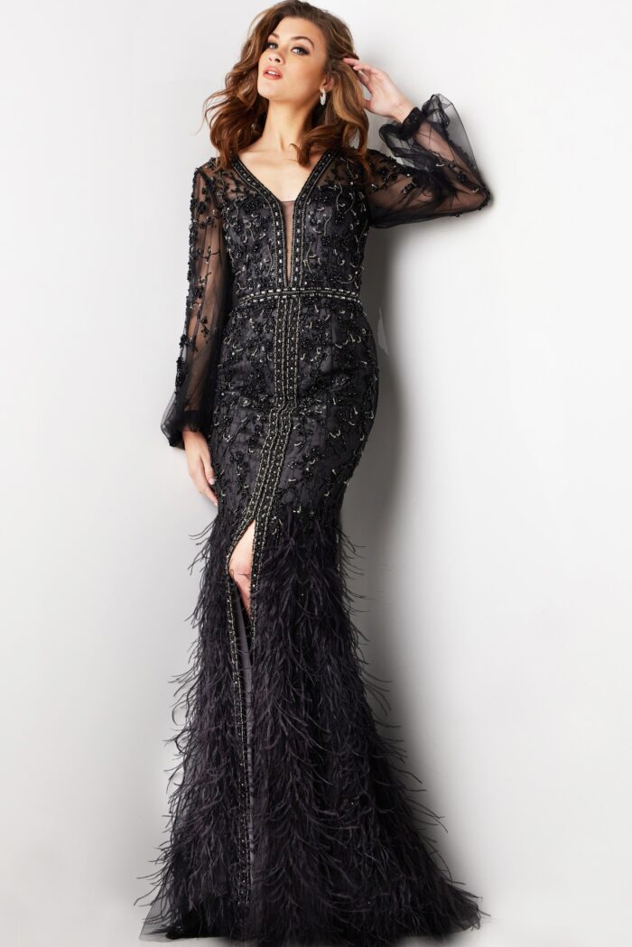 Model wearing Black Feather Skirt Long Sleeve Gown 37558