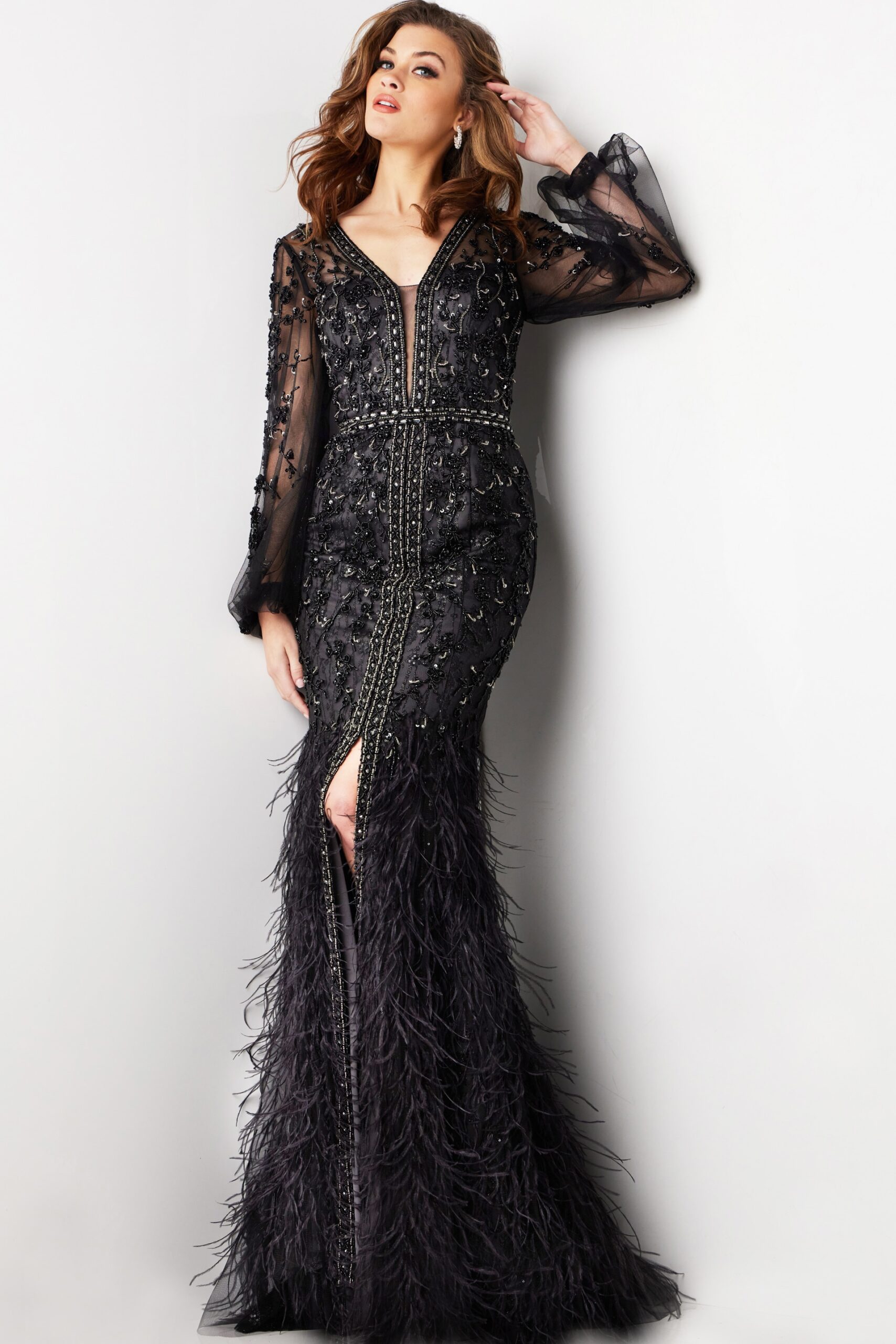 Black Feather Skirt Long Sleeve Gown 37558