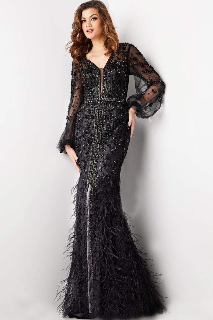 Model wearing Black Feather Skirt Long Sleeve Gown 37558