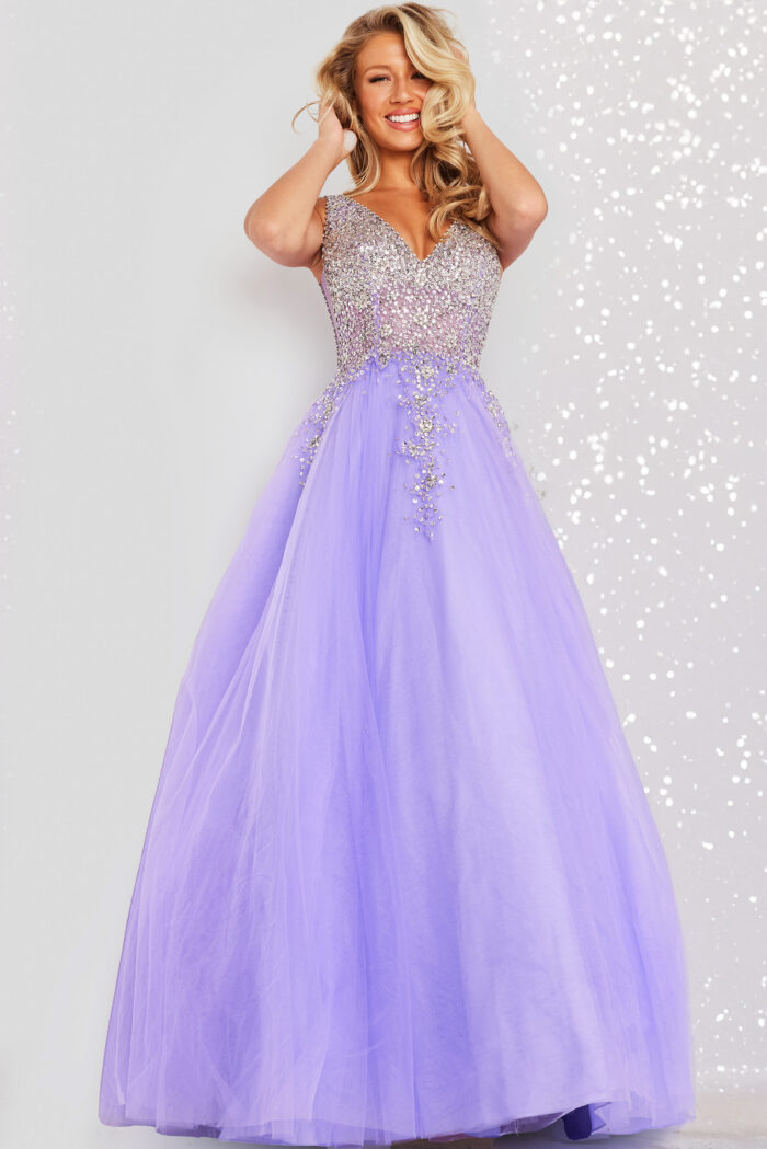 Model wearing Lilac Beaded Ballgown 37589