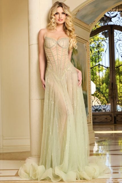 Model wearing Jovani 37593 elegant front view of floor-length gown with sweetheart neckline in light mint.