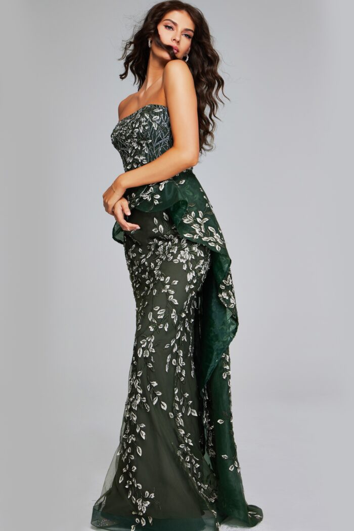 Model wearing Dark Green Strapless Gown with Embroidered Floral Design 37599