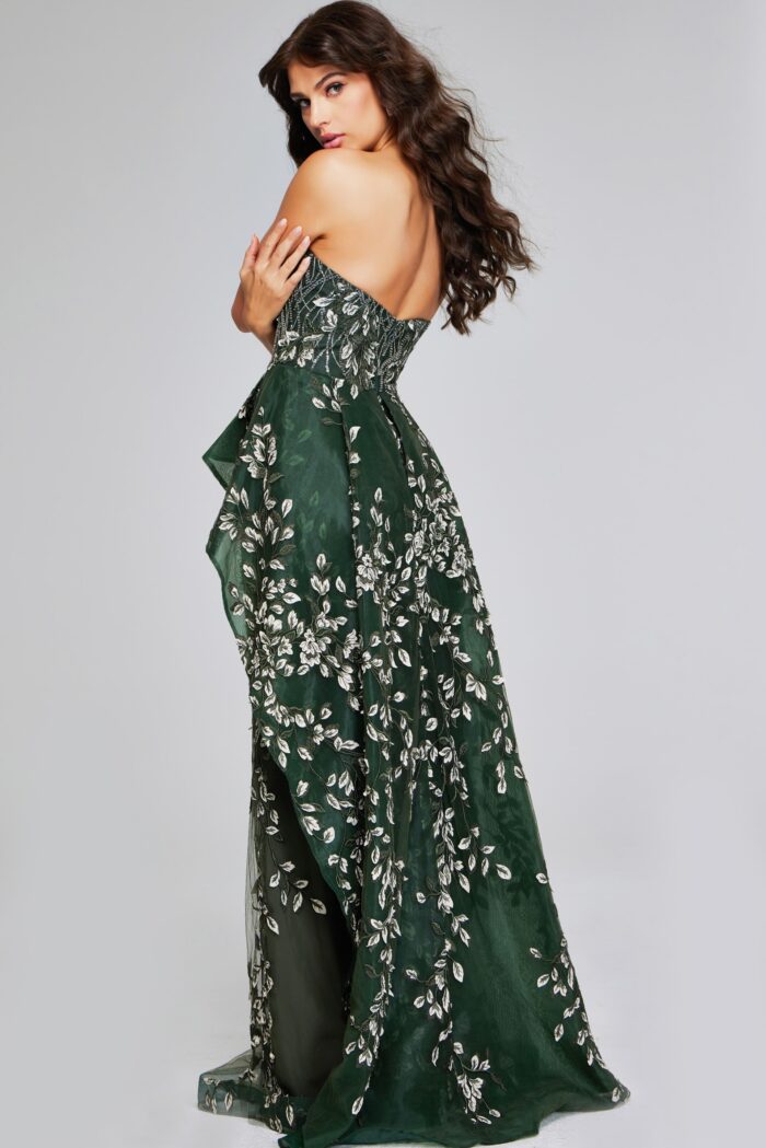 Model wearing Dark Green Strapless Gown with Embroidered Floral Design 37599