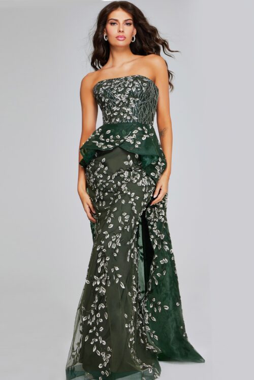 Model wearing Dark Green Strapless Gown with Embroidered Floral Design 37599