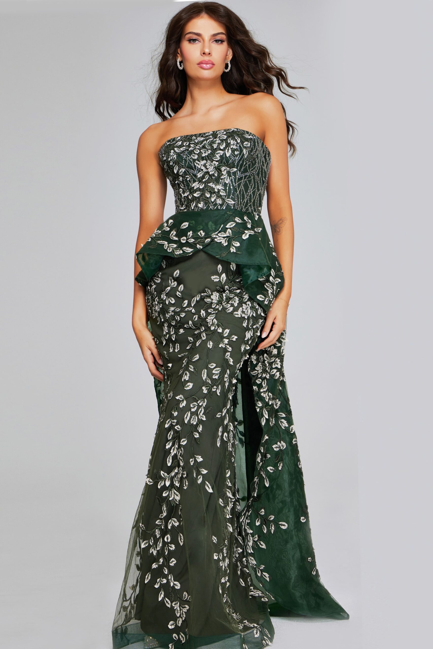 Model wearing Dark Green Strapless Gown with Embroidered Floral Design 37599