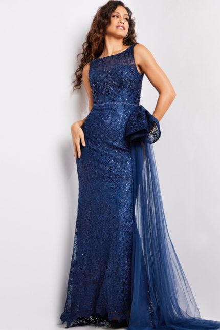 Model wearing Jovani 37602 navy dress with lace detail and bateau neckline