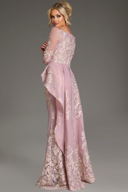 Back view of model in Jovani 37605 blush dress with intricate embroidery.