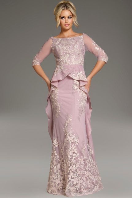 Model wearing Jovani 37605 blush dress with bateau neckline and three-quarter sleeves.