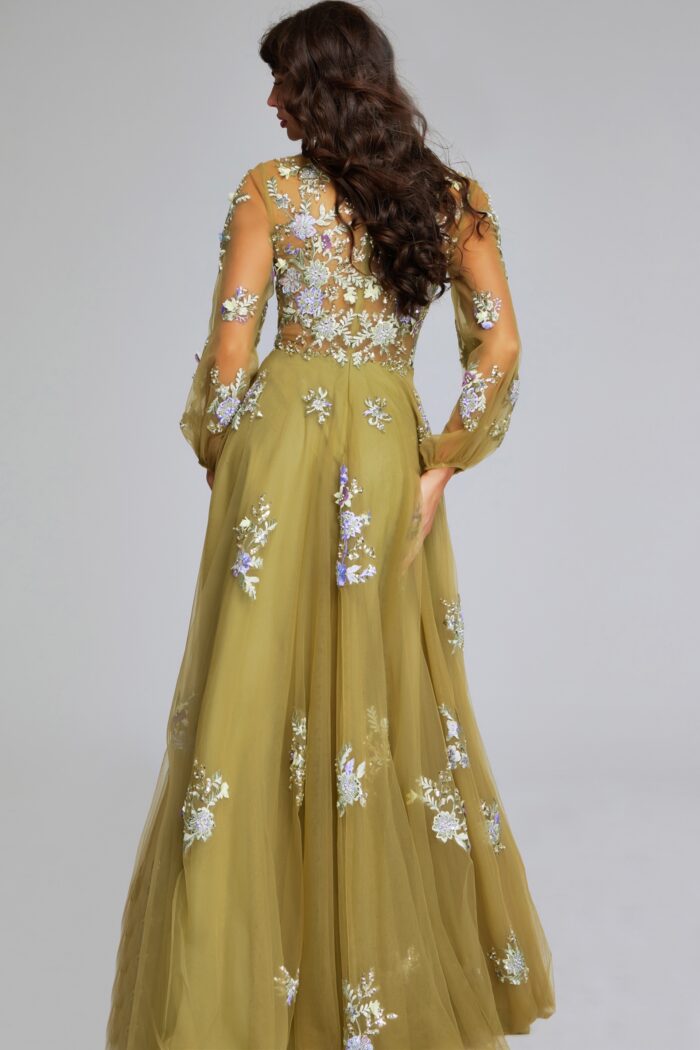 Model wearing Green Long-Sleeve Gown with Floral Embroidery and Deep V-Neck 37607