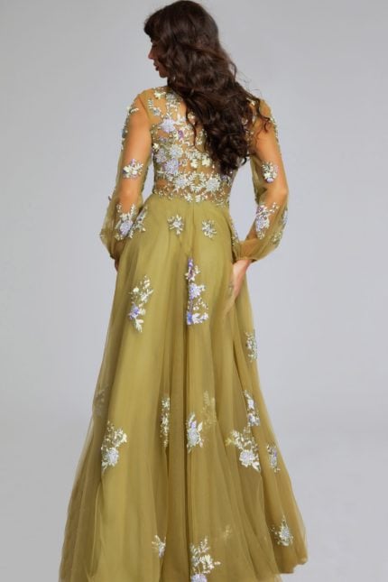 Model wearing Jovani 37607 green gown with floral embroidery, back view