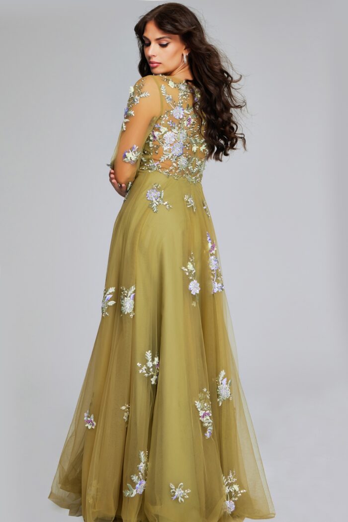 Model wearing Green Long-Sleeve Gown with Floral Embroidery and Deep V-Neck 37607