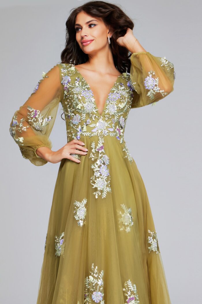 Model wearing Green Long-Sleeve Gown with Floral Embroidery and Deep V-Neck 37607