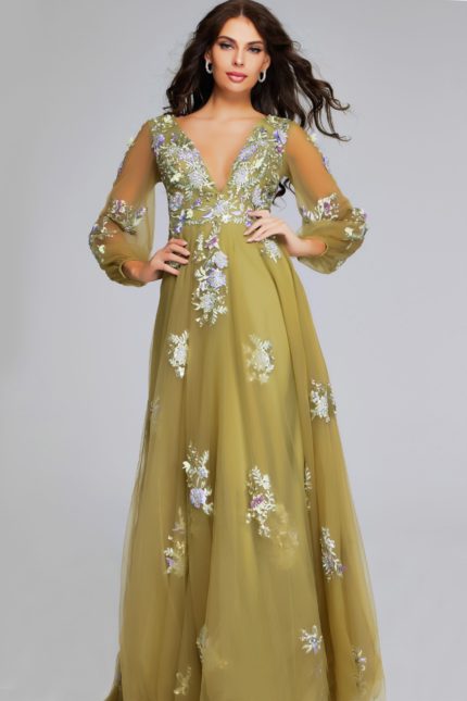 Model wearing Jovani 37607 green gown with floral embroidery, front view