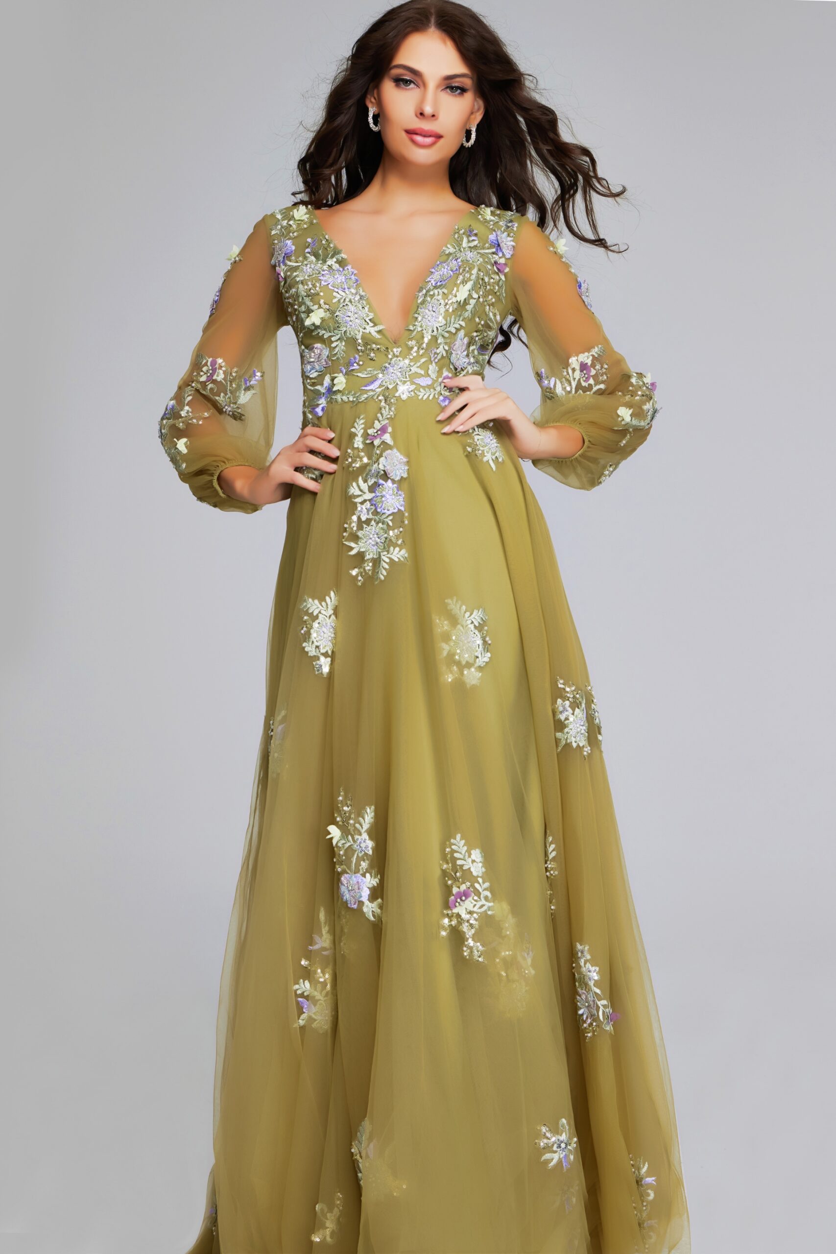 Model wearing Green Long-Sleeve Gown with Floral Embroidery and Deep V-Neck 37607