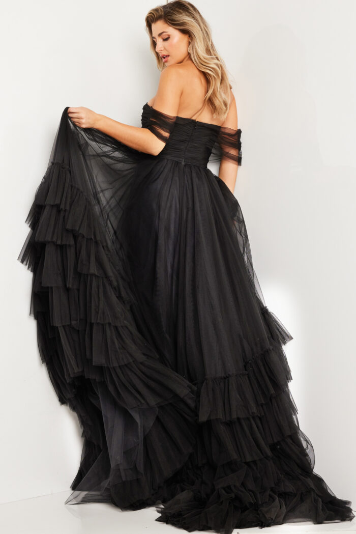 Model wearing Black off the Shoulder Ruched Dress 37608