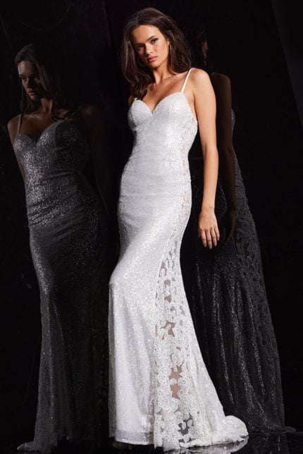 Model wearing Jovani 37648 white gown with sweetheart neckline and sequins.