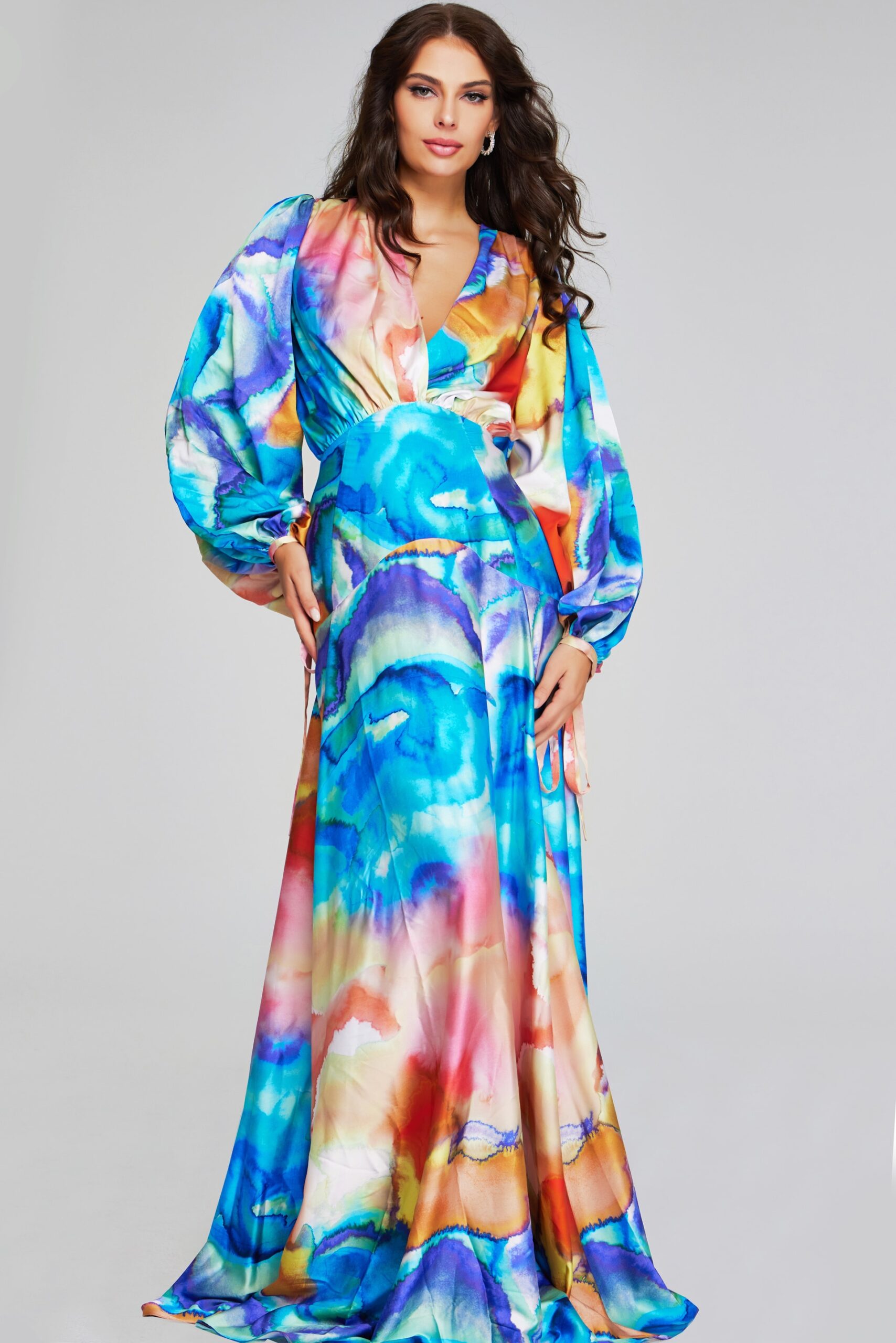 Model wearing Long Sleeve Floral Evening Dress 37669