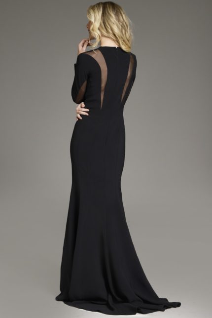 Back view of model wearing Jovani 37671 black dress with sheer mesh accents and fitted silhouette.