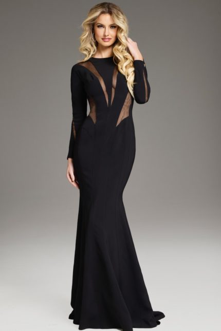 Model wearing Jovani 37671 black dress with high neckline and long sleeves featuring sheer mesh panels.