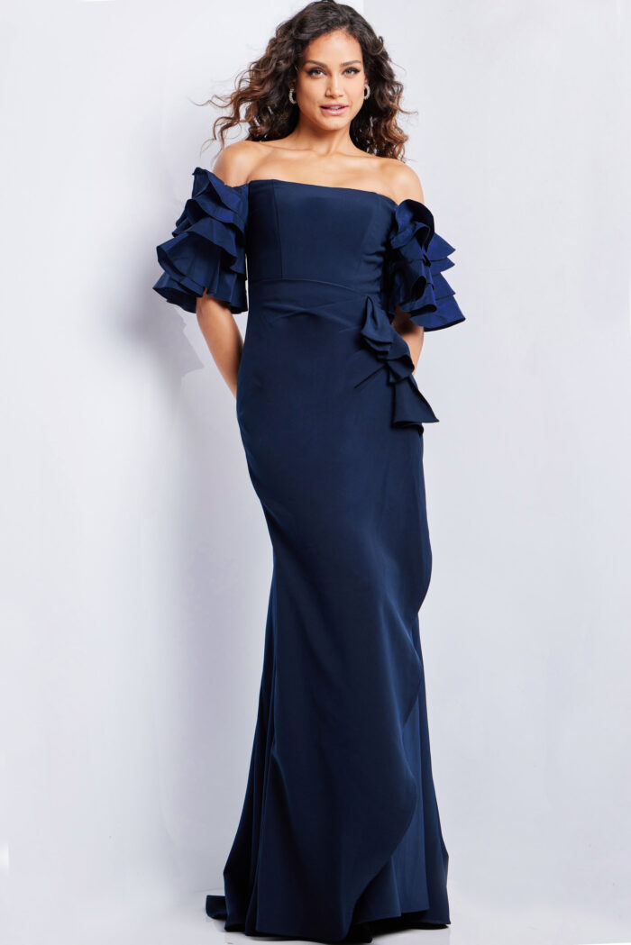 Model wearing Navy Off the Shoulder Short Sleeve Gown 37674