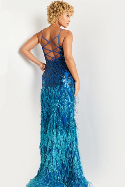 Model showcasing the back of the Jovani 37678 royal dress with criss-cross design.