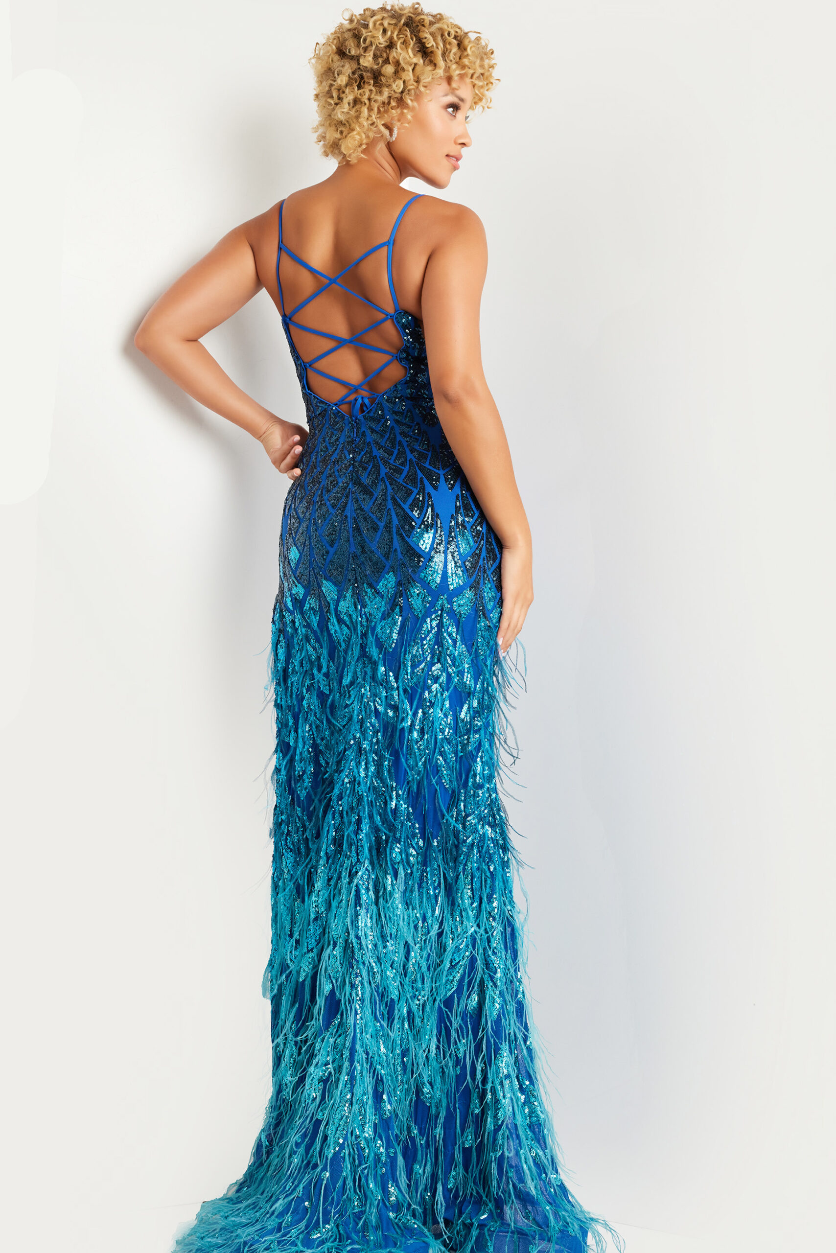 Stunning Blue Sequin Feathered Prom Gown 37678