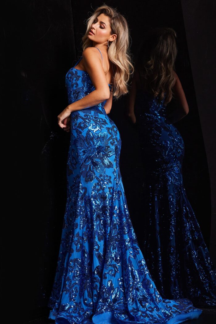 Model wearing Blue Embellished Sheath Spaghetti Strap Dress 37687