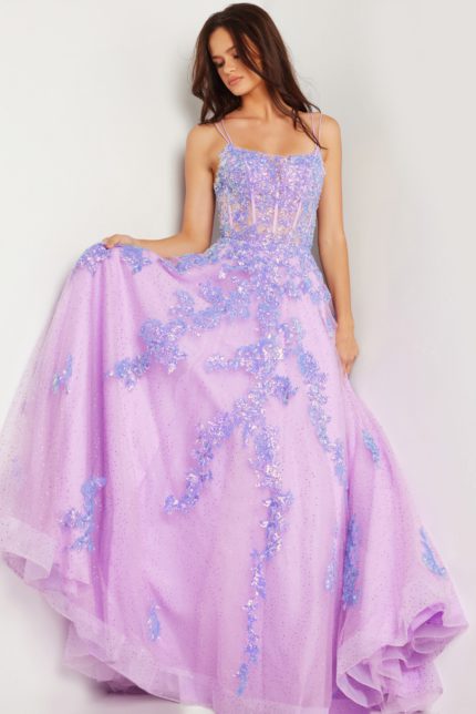 Model showcasing Jovani 37700 lilac ball gown, holding the skirt, front view.