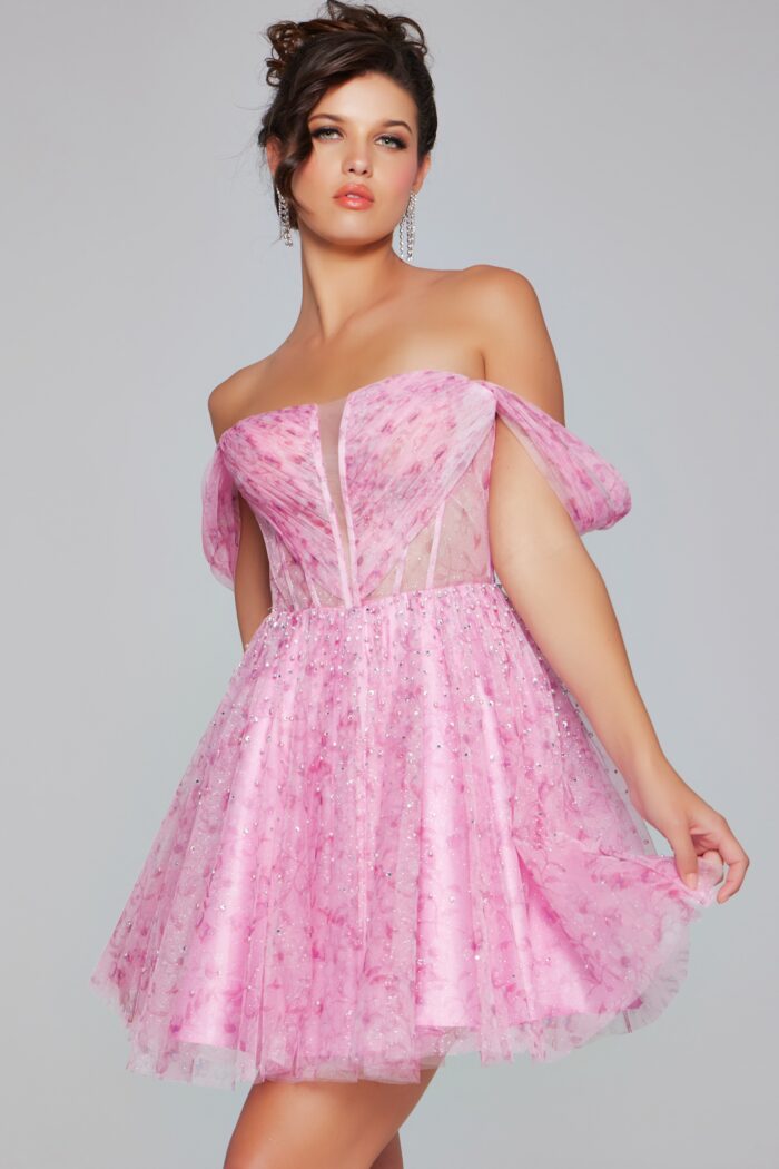 Model wearing Pink Pleated Bodice Fit and Flare Dress 38000