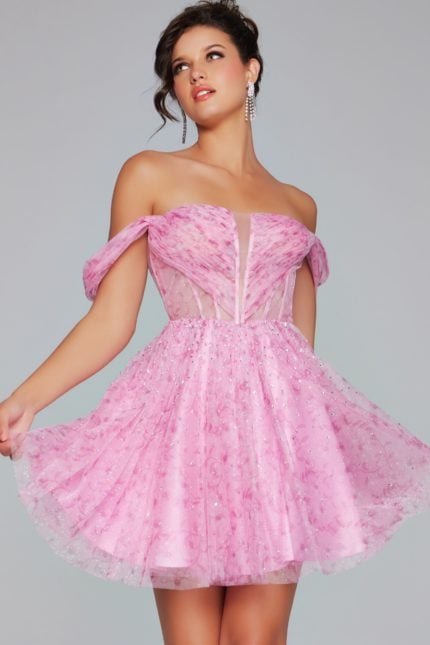 model wearing Jovani 38000 pink dress with a focus on the off-the-shoulder neckline.