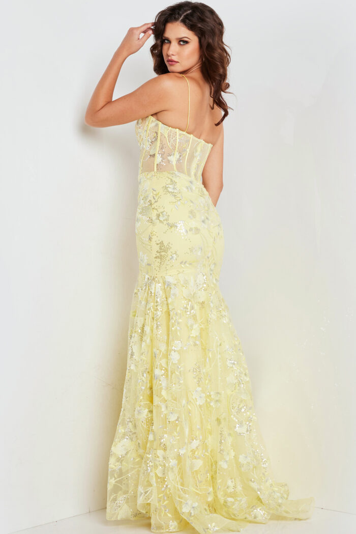 Model wearing Yellow V Neckline Beaded Gown 38004