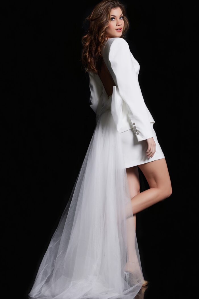Model wearing Bridal White Two Piece Skirt and Blazer Set 38084